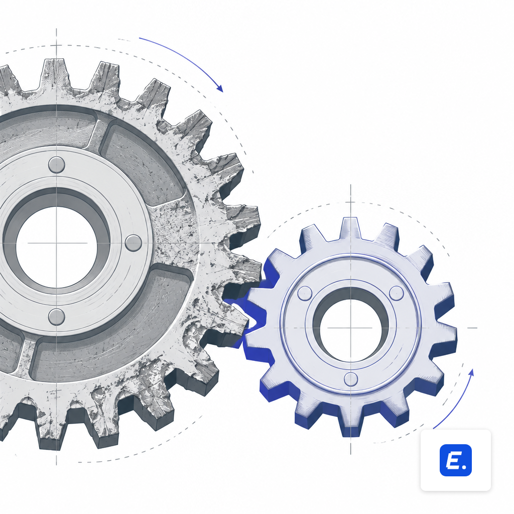 Two meshing industrial gears of different sizes and wear, suggesting two ERP systems grinding against each other through a sync layer