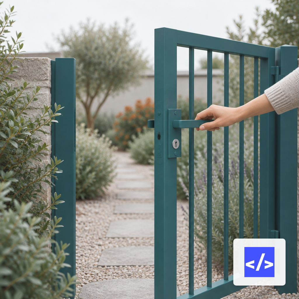 A half-open steel gate on a narrow path, suggesting an approval checkpoint between automated steps.