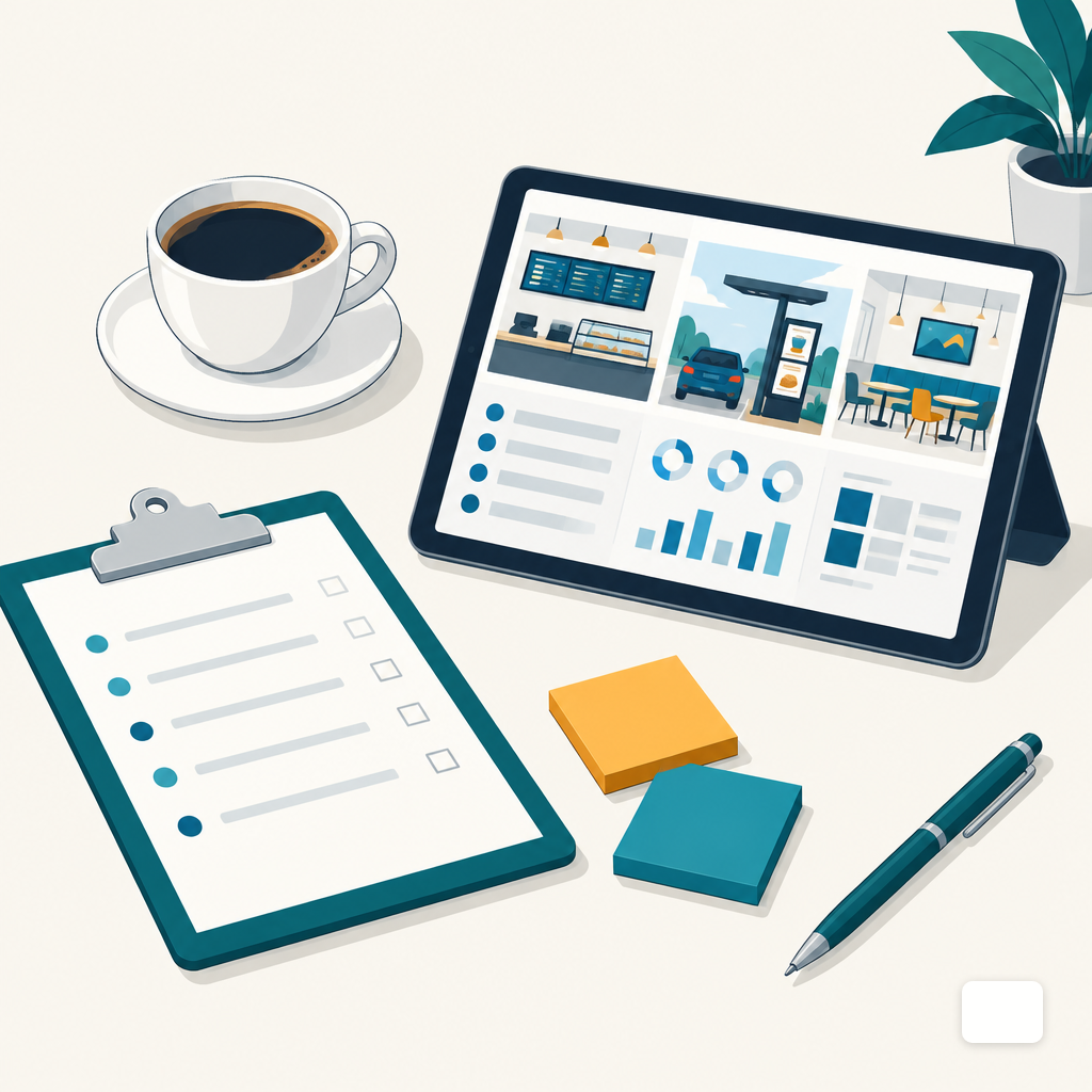 A clipboard, sticky notes and a tablet on a cafe table, mid-way through a vendor comparison
