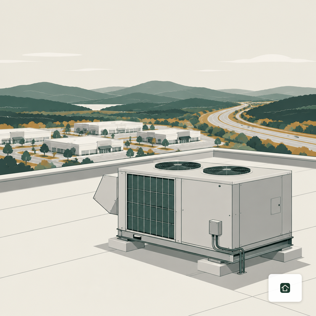 Rooftop commercial HVAC unit on a Northwest Arkansas strip-center roof