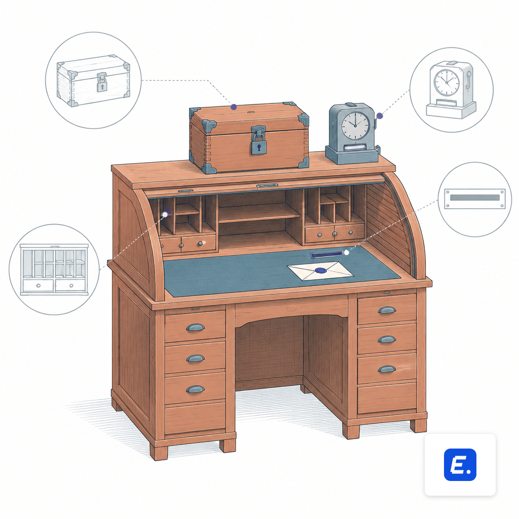 A rolltop desk with a locked wooden strongbox, an envelope slot and a mechanical time clock beside it