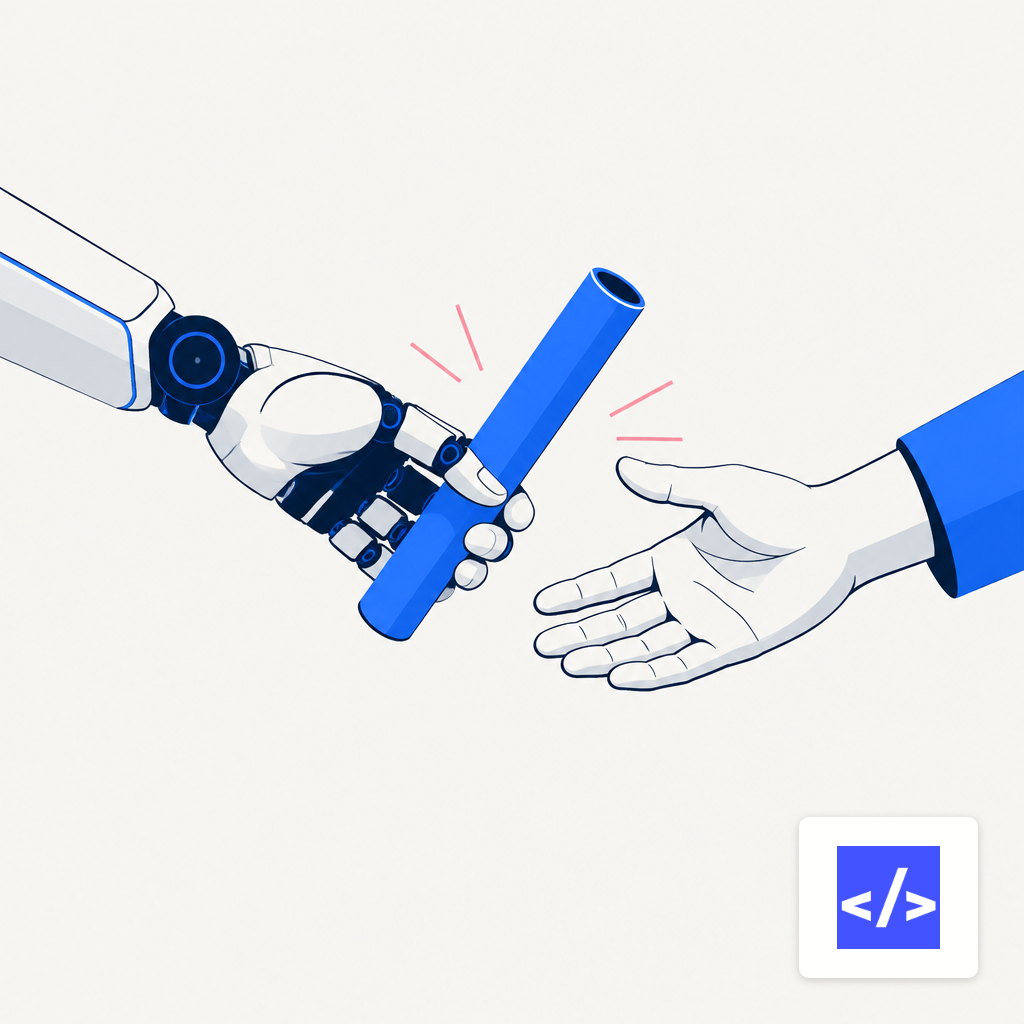 A mechanical hand passing a relay baton to a human hand