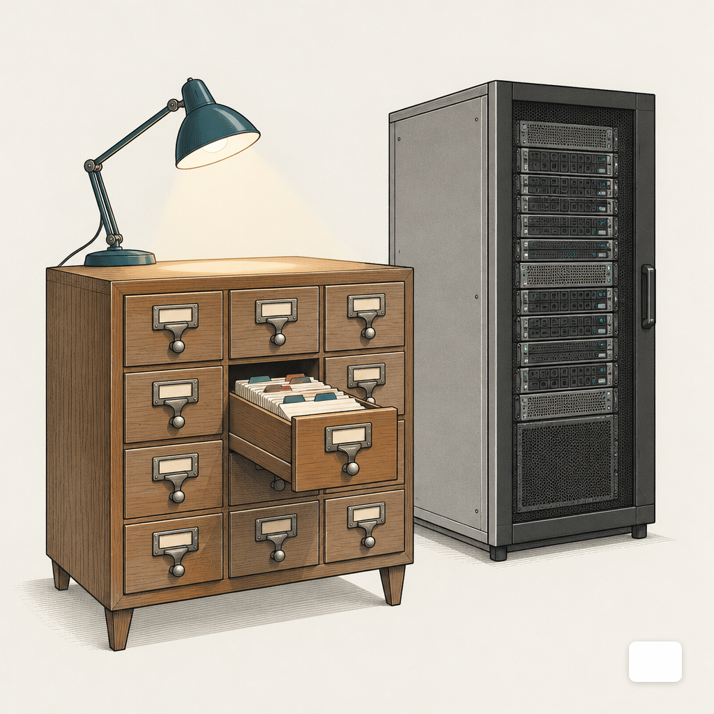 A wooden library card catalog beside a modern server rack