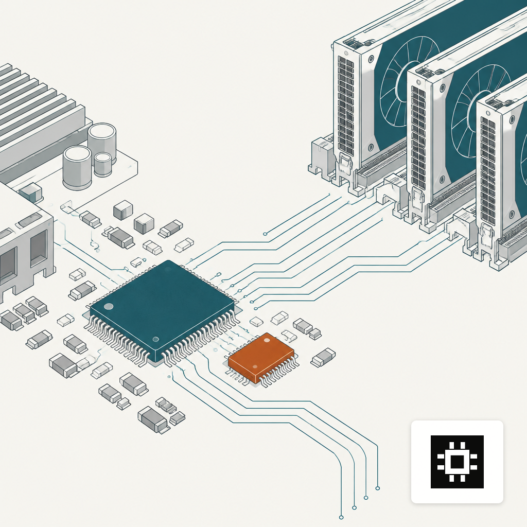 Close-up of a baseboard management controller chip and firmware ROM on a server motherboard.