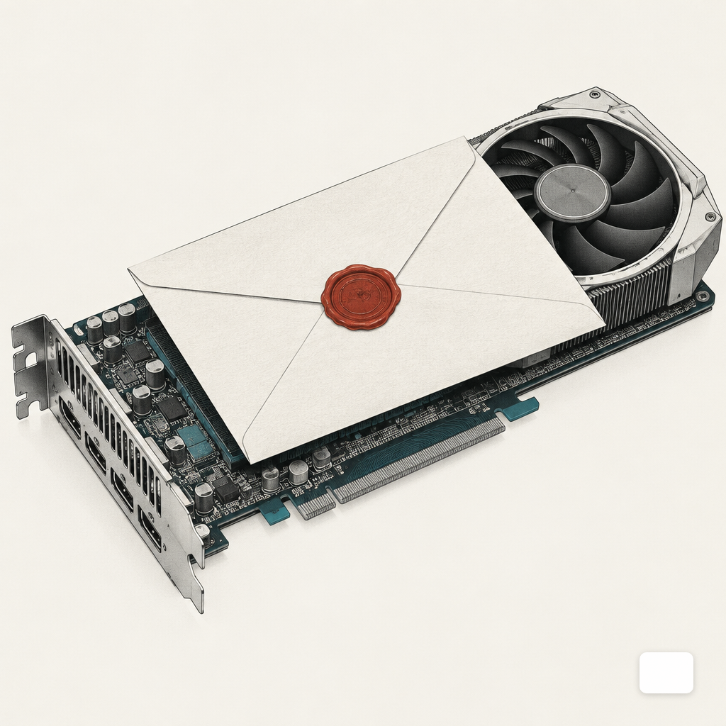 A wax seal on an envelope resting across a GPU card