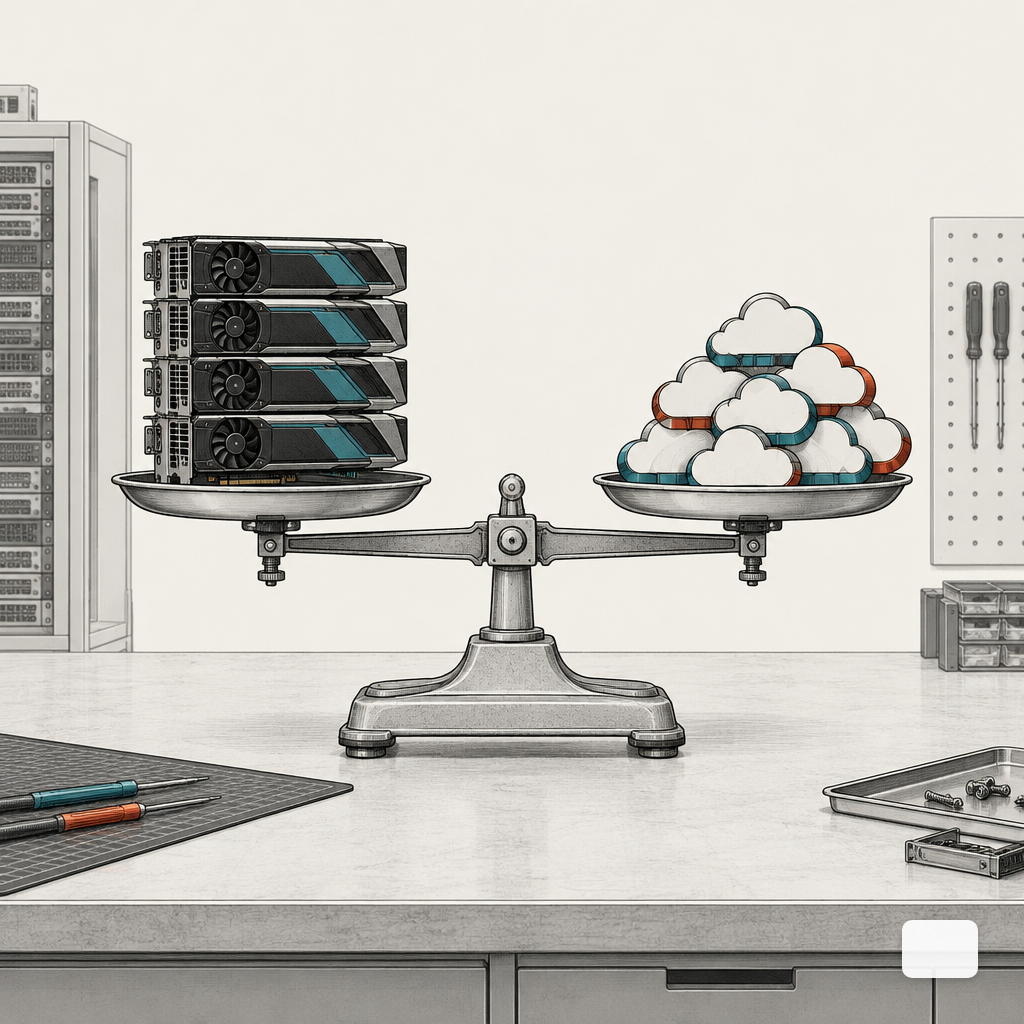 A balance scale weighing GPU hardware against cloud tokens