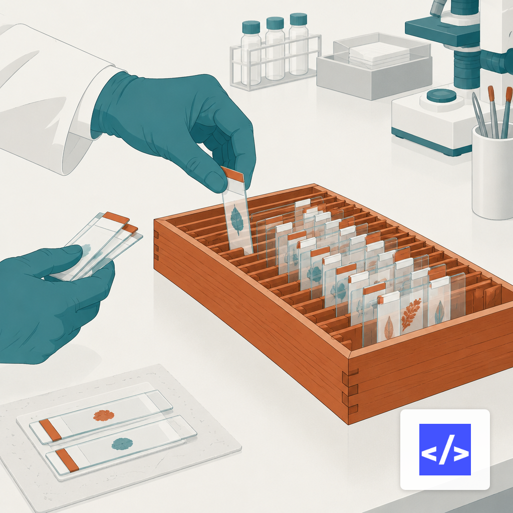 Gloved hands filing labeled glass slides into a wooden tray, representing curated reviewer labels feeding a dataset.