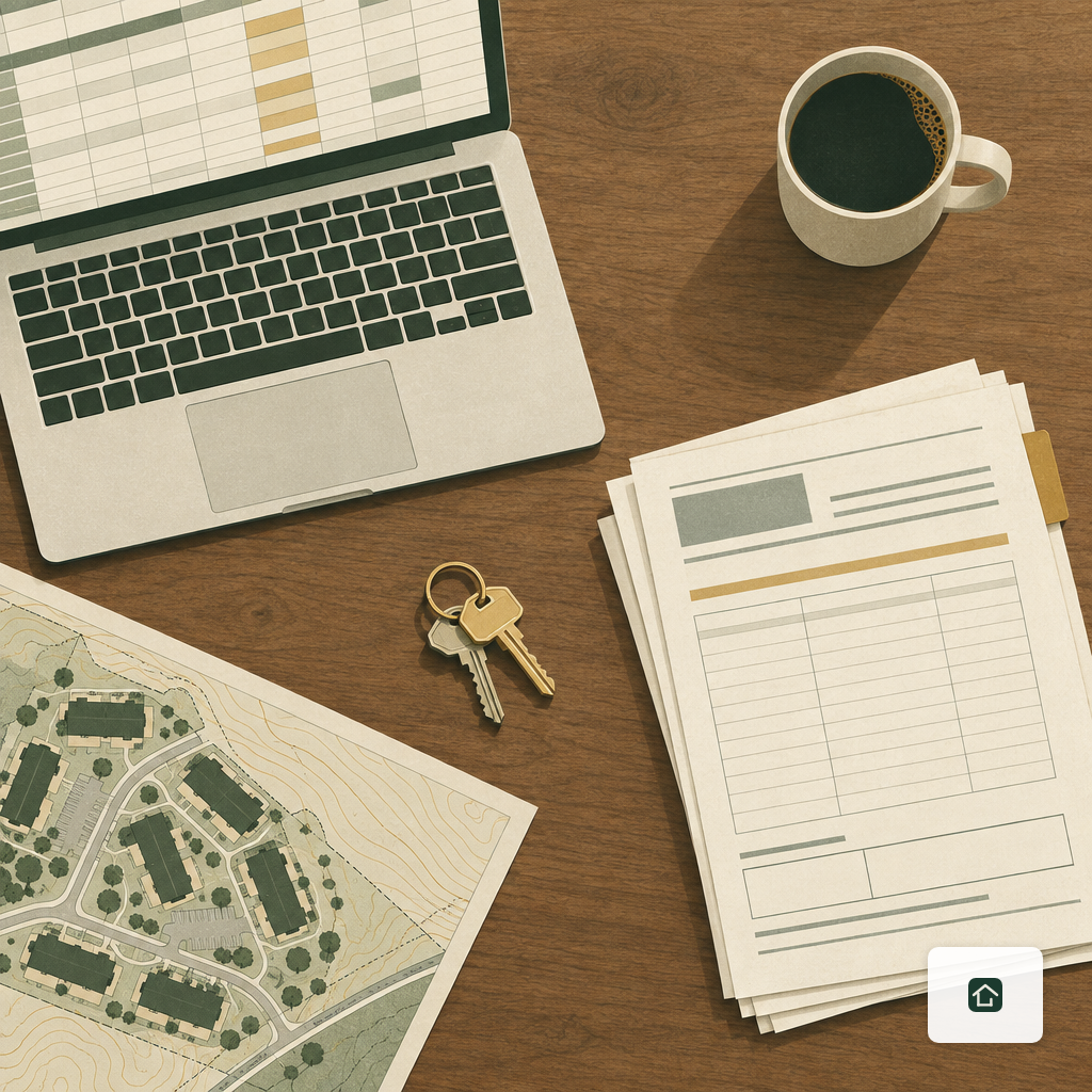 A landlord's desk with a laptop, work order forms, and a coffee cup beside a set of house keys