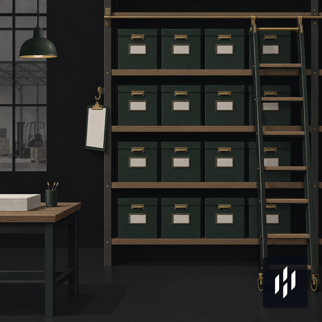 Organized labeled file boxes on wooden shelves with a rolling ladder in a warehouse office