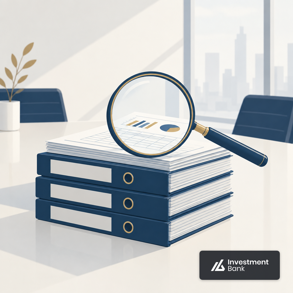 Magnifying glass over accounting binders and spreadsheets on a conference table