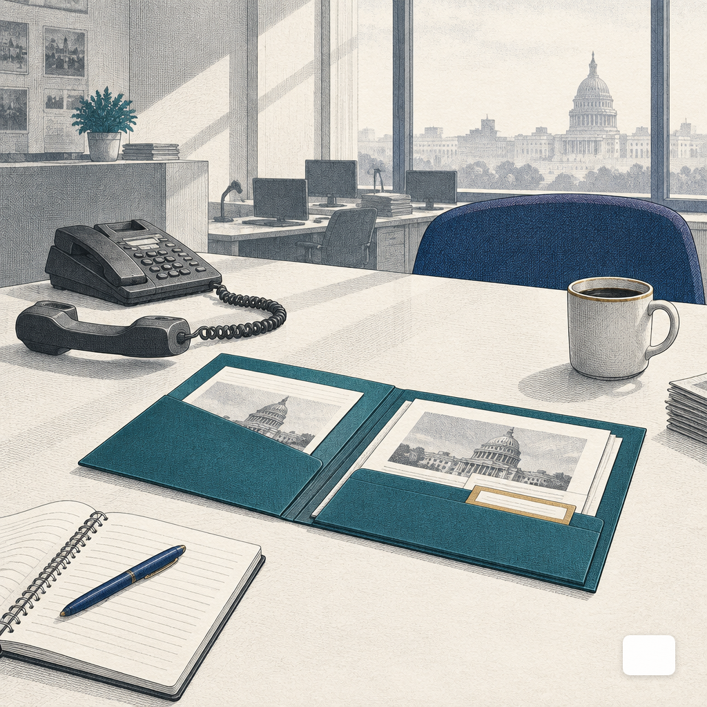 An open press kit folder on a reporter's cluttered desk beside a notebook and coffee cup in early morning light.