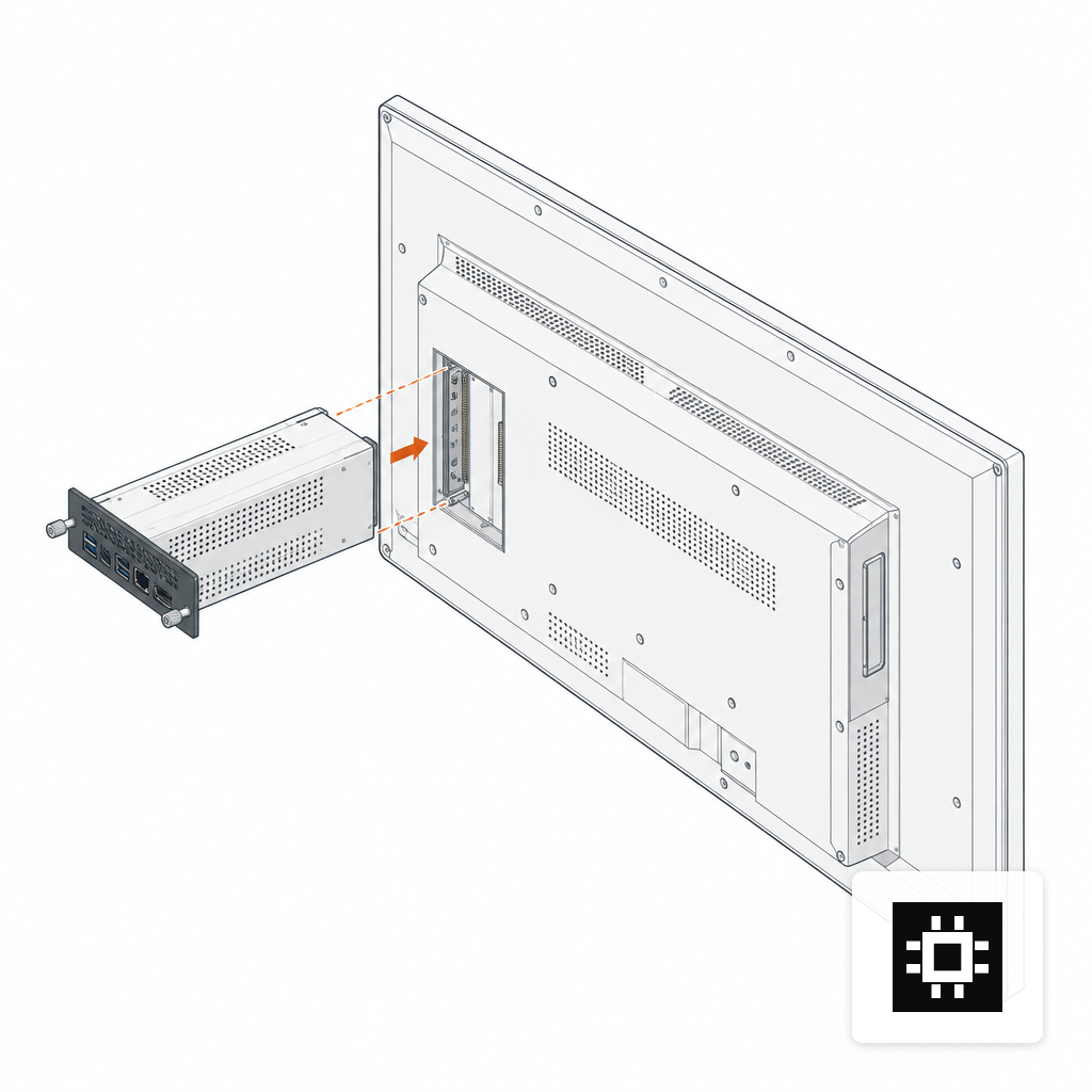 A pluggable OPS computing module sliding into the rear slot of a commercial display.