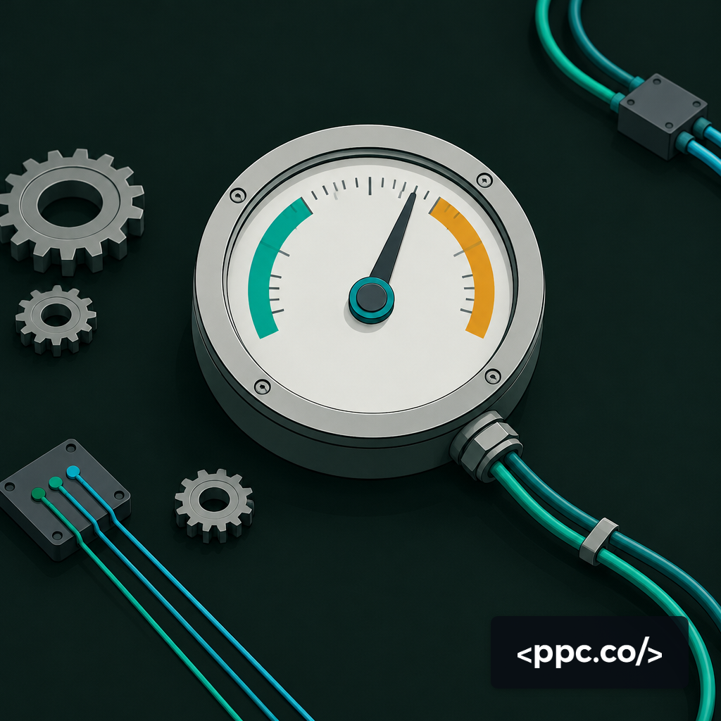A mechanical gauge needle hovering between two zones with gears and wires around it