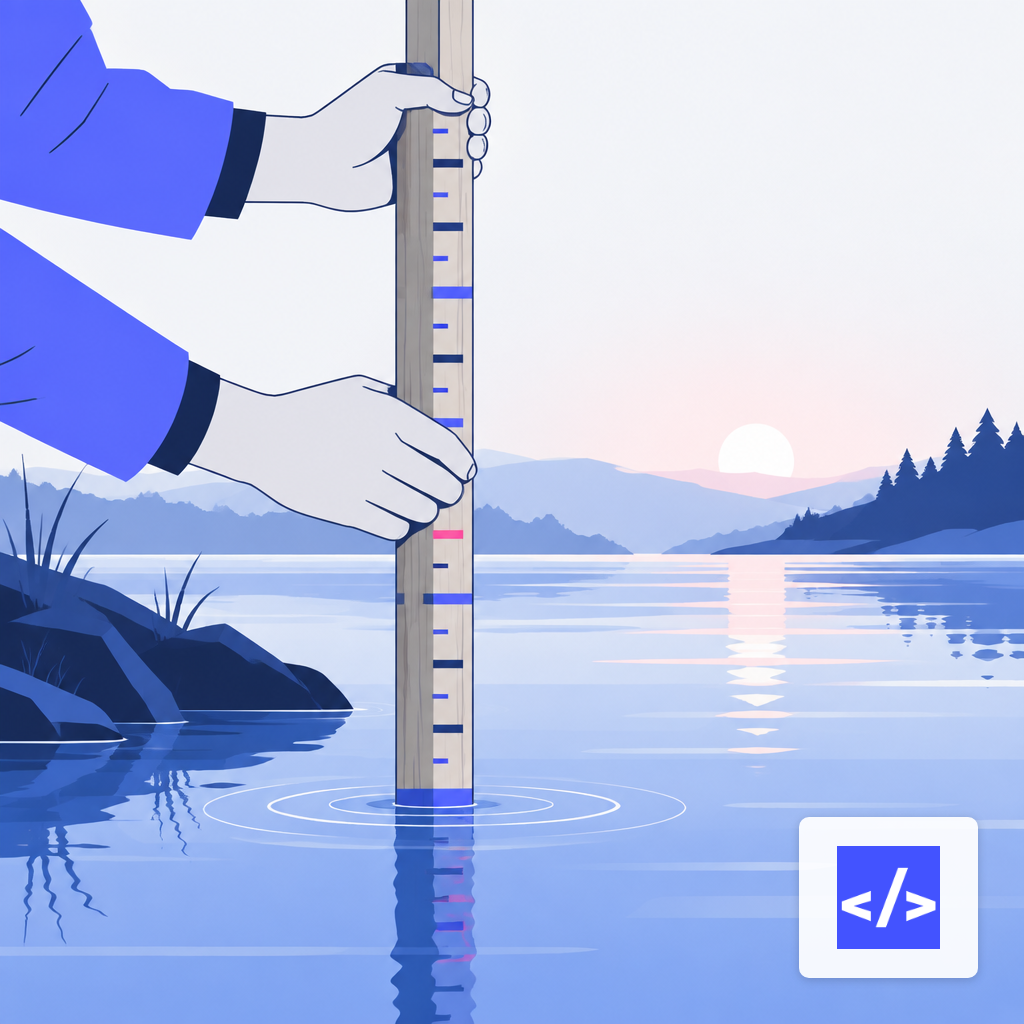 Hands lowering a marked gauge pole into a calm river to measure its depth in the early morning