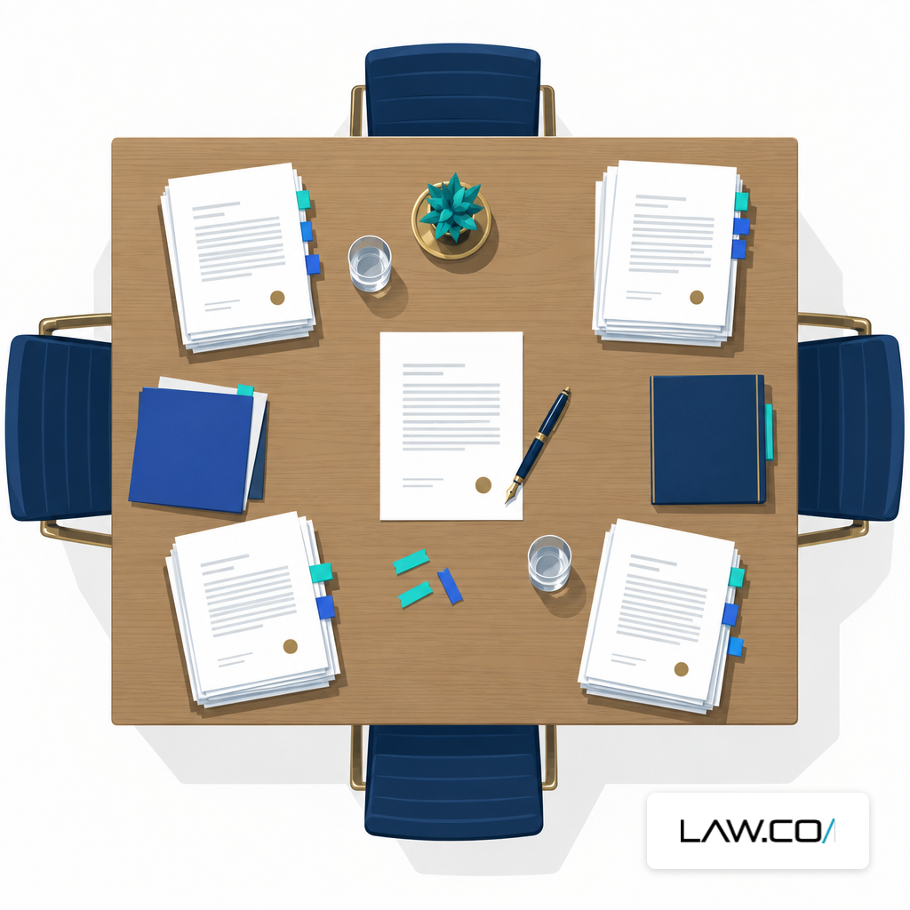 Overhead view of a conference table covered in tabbed contract documents mid-negotiation.