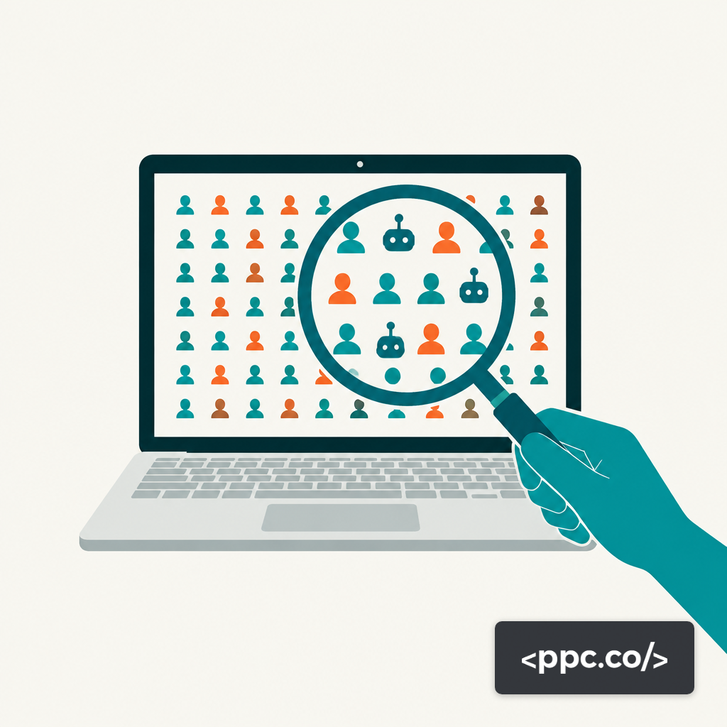 Magnifying glass revealing bot figures hidden among human user icons on a screen