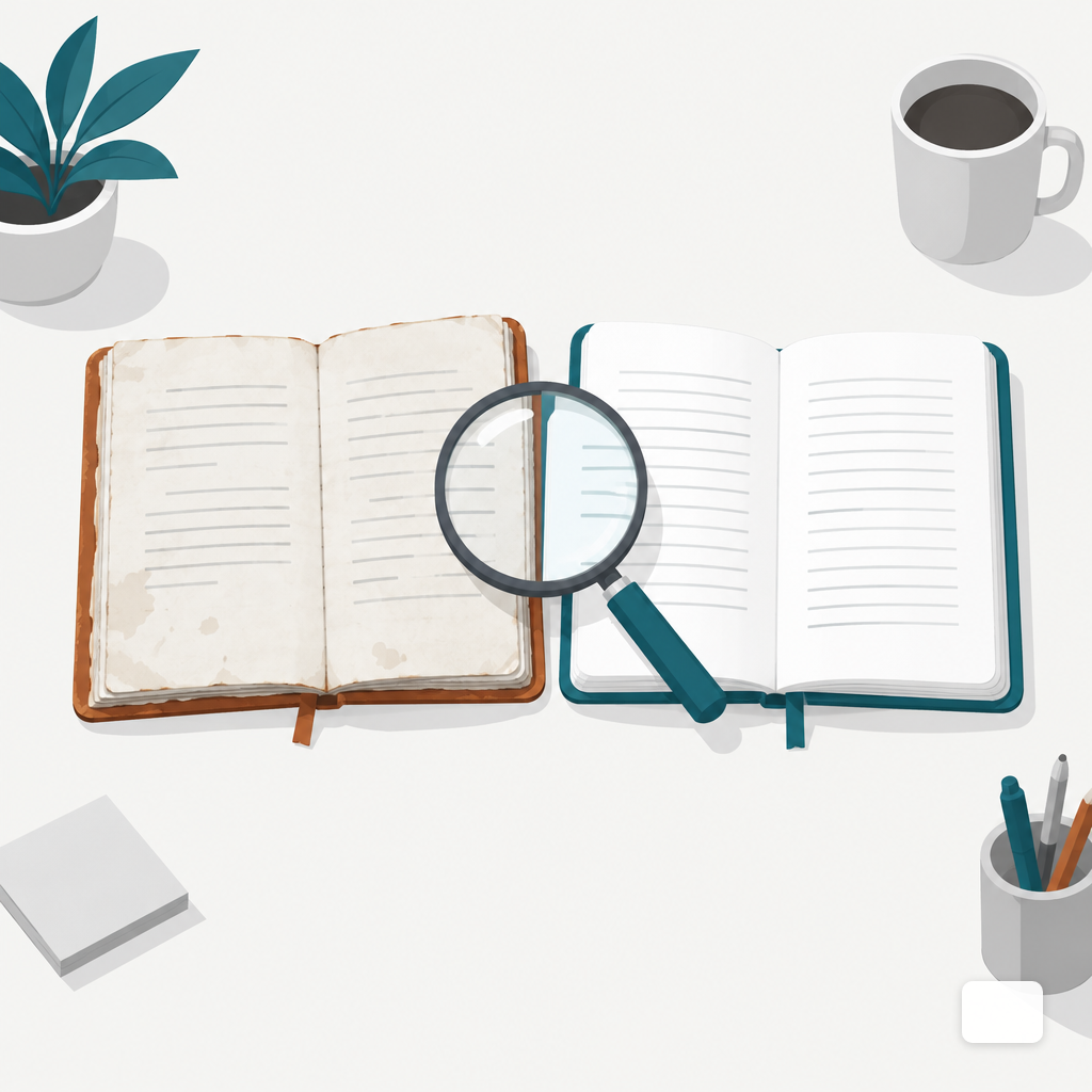 Two open notebooks side by side on a desk with a magnifying glass between them