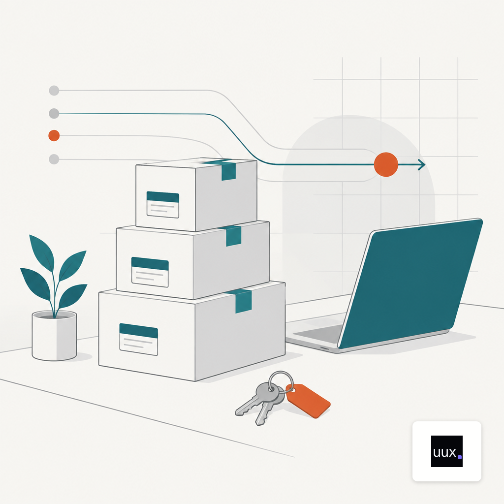 Labelled moving boxes beside a laptop and keys, representing a design file handover