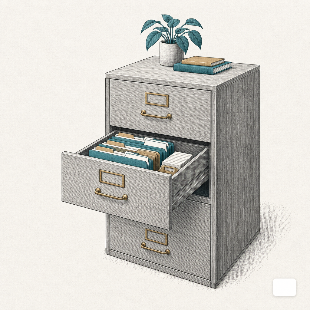 A filing cabinet drawer with labeled folders, representing handover artifacts.