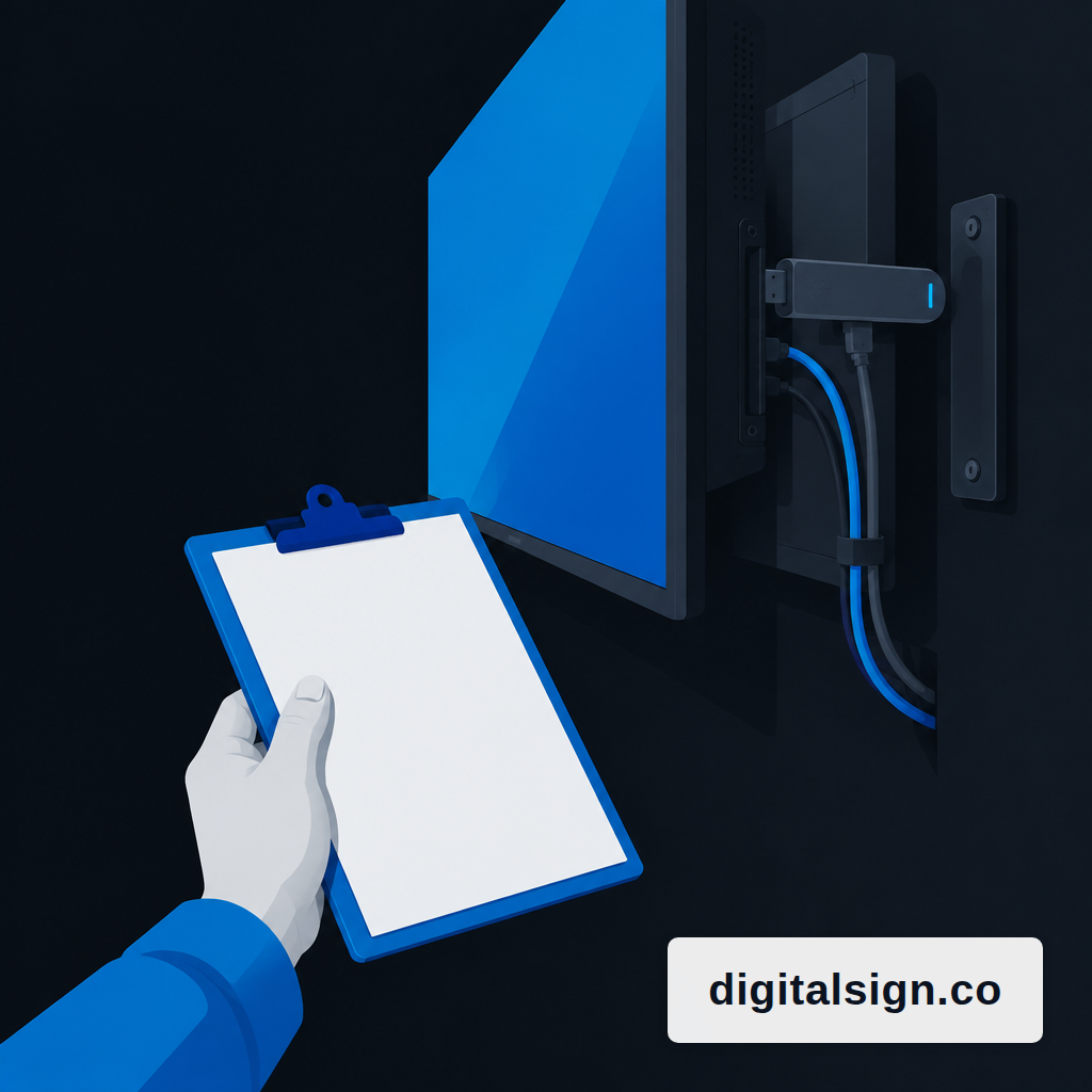 Hand with a clipboard auditing a wall-mounted commercial display and the media stick plugged into its HDMI port.