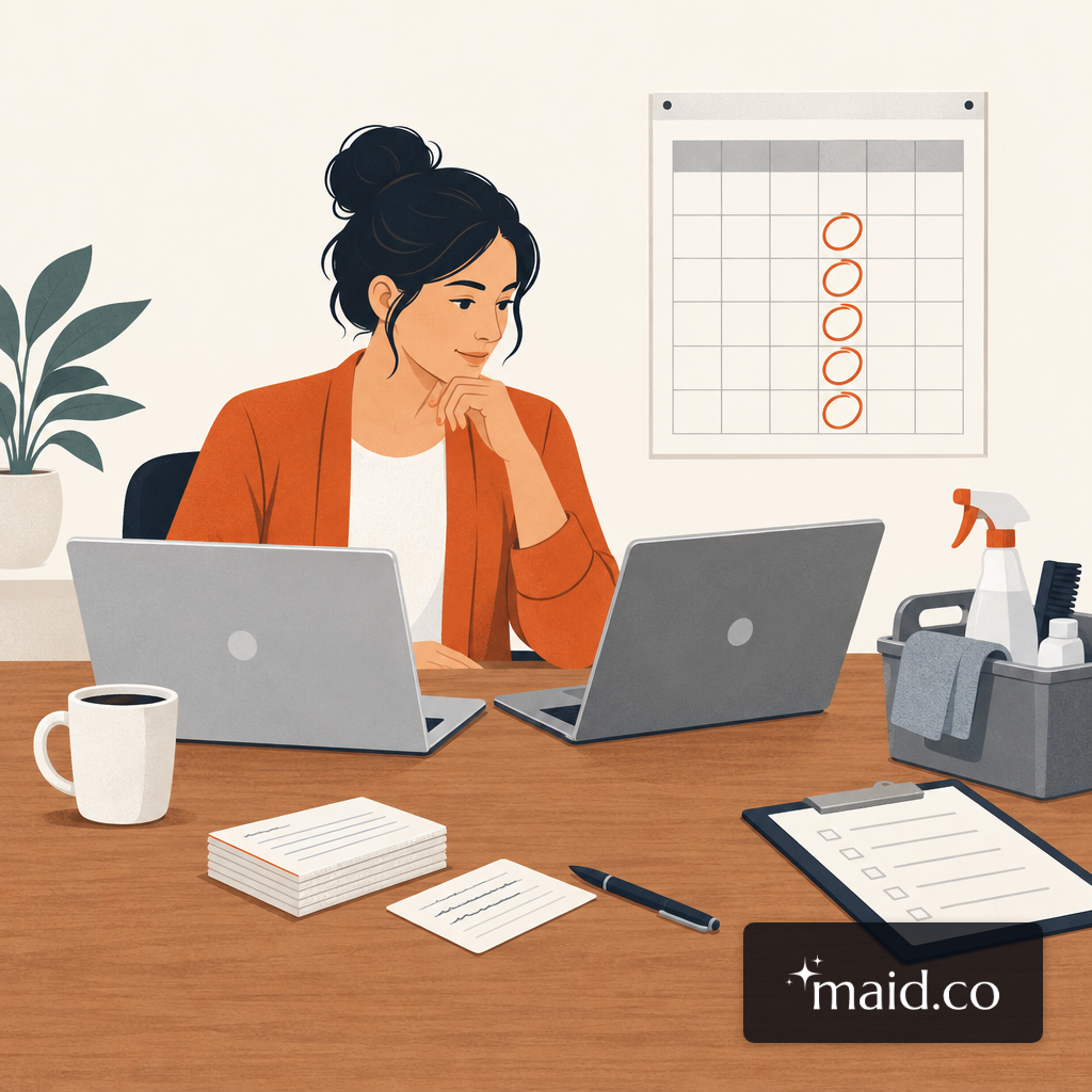 Office manager working across two laptops with a wall calendar of circled Thursdays behind her