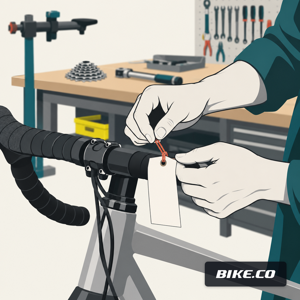 A mechanic attaching a paper service tag to a bike's stem