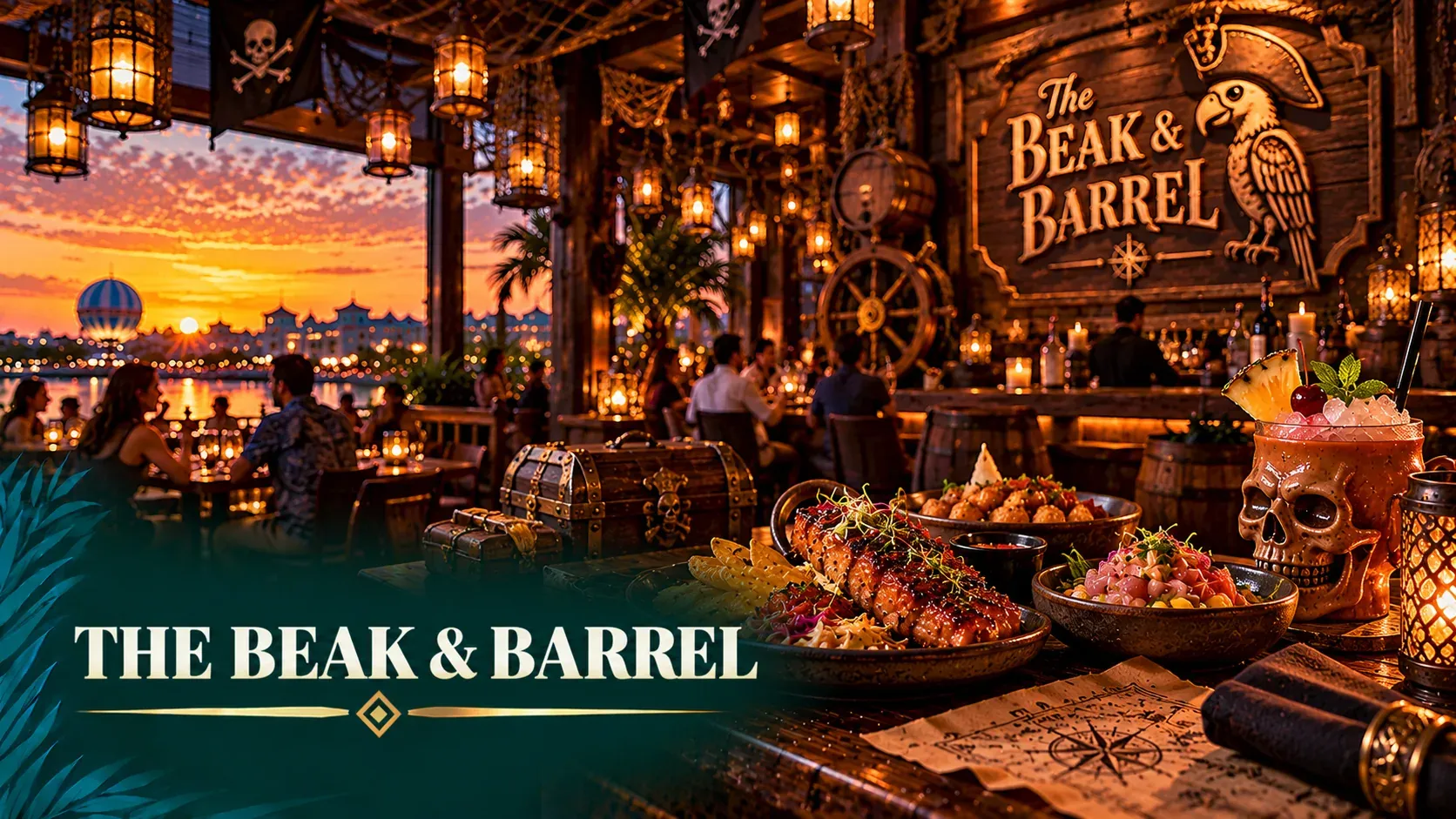Cinematic illustration of a lantern-lit pirate tavern with rum barrels, a treasure map and a grog cocktail in a pewter mug.