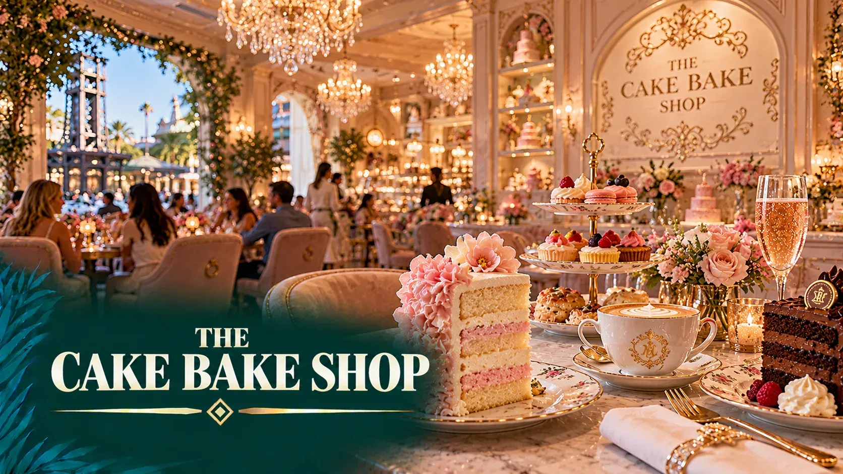 Cinematic illustration of a storybook pâtisserie with a towering layered cake, pastel décor and crystal chandeliers.