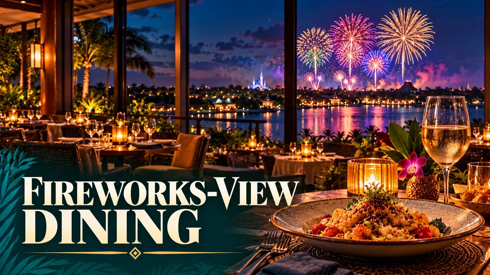 Illustration of an elegant candlelit restaurant dinner overlooking a lagoon and colorful fireworks at night.