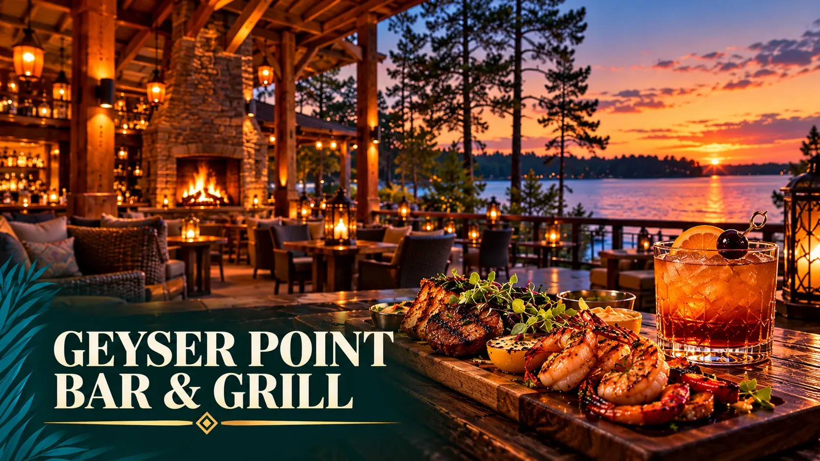 Cinematic illustration of a rustic lakeside lodge bar at dusk with timber beams, a fire pit, pines and an amber cocktail.