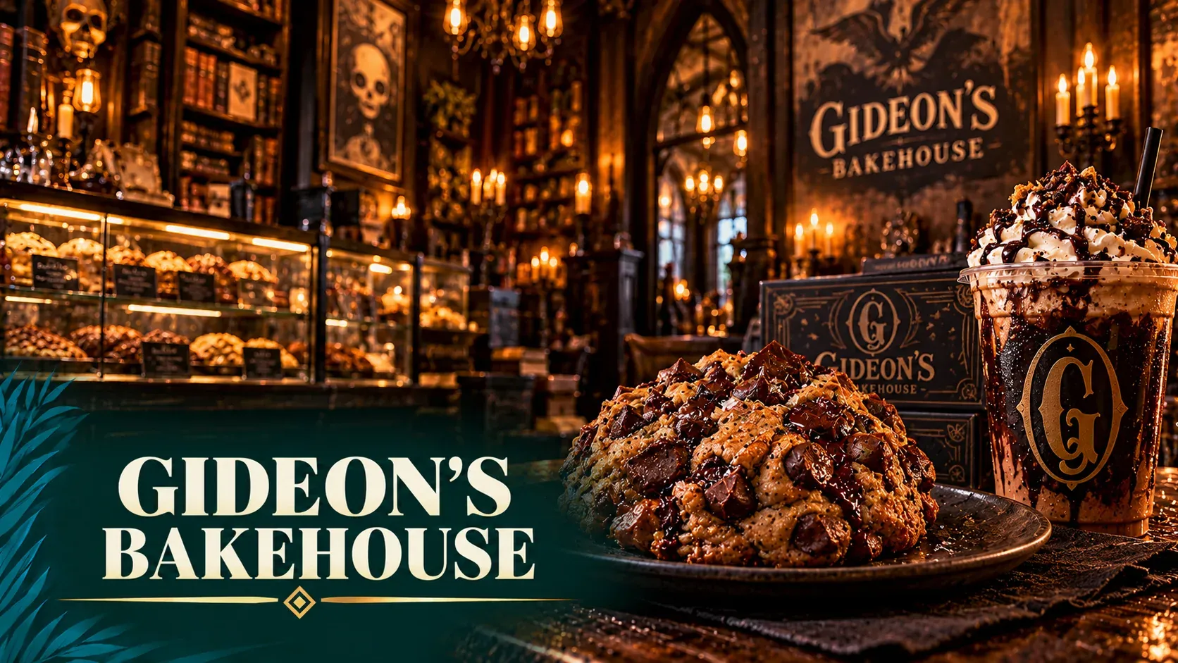 Cinematic illustration of a giant chocolate-chip cookie and cold brew in a moody, candlelit gothic curiosity-shop bakery.