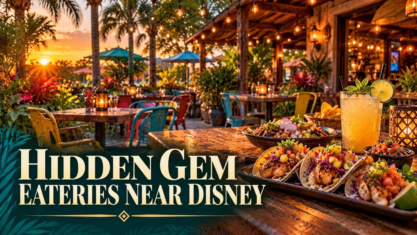 Illustration of tacos, sides, and a tropical drink on a string-lit Central Florida restaurant patio at sunset.