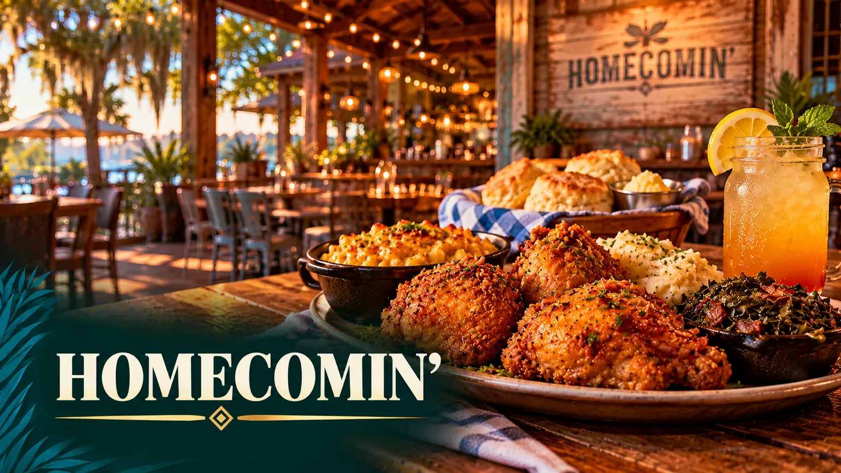 Cinematic illustration of Southern comfort food with fried chicken, biscuits and a mason-jar cocktail on a farmhouse table.