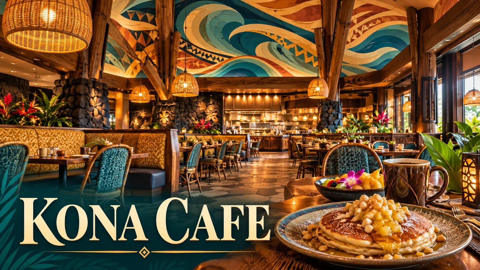 Cinematic illustration of a Polynesian-inspired resort café with macadamia-topped pancakes, coffee, woven pendant lights, and a colorful ceiling mural.