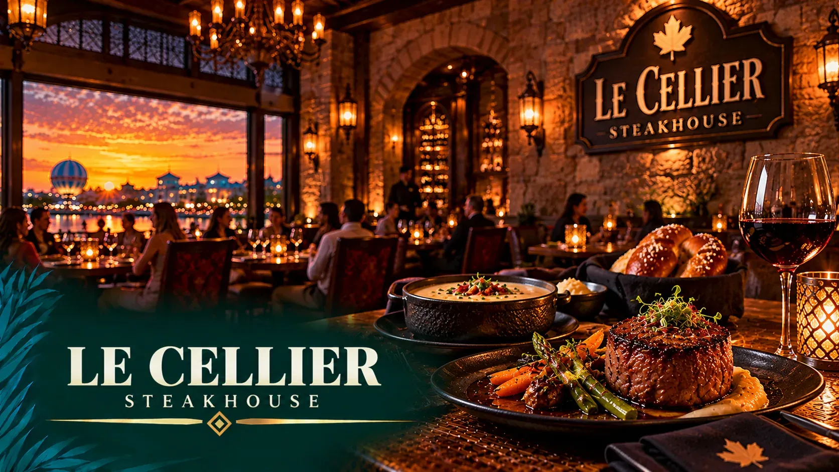 Cinematic illustration of a candlelit stone-walled cellar steakhouse with filet mignon, cheddar soup and red wine.