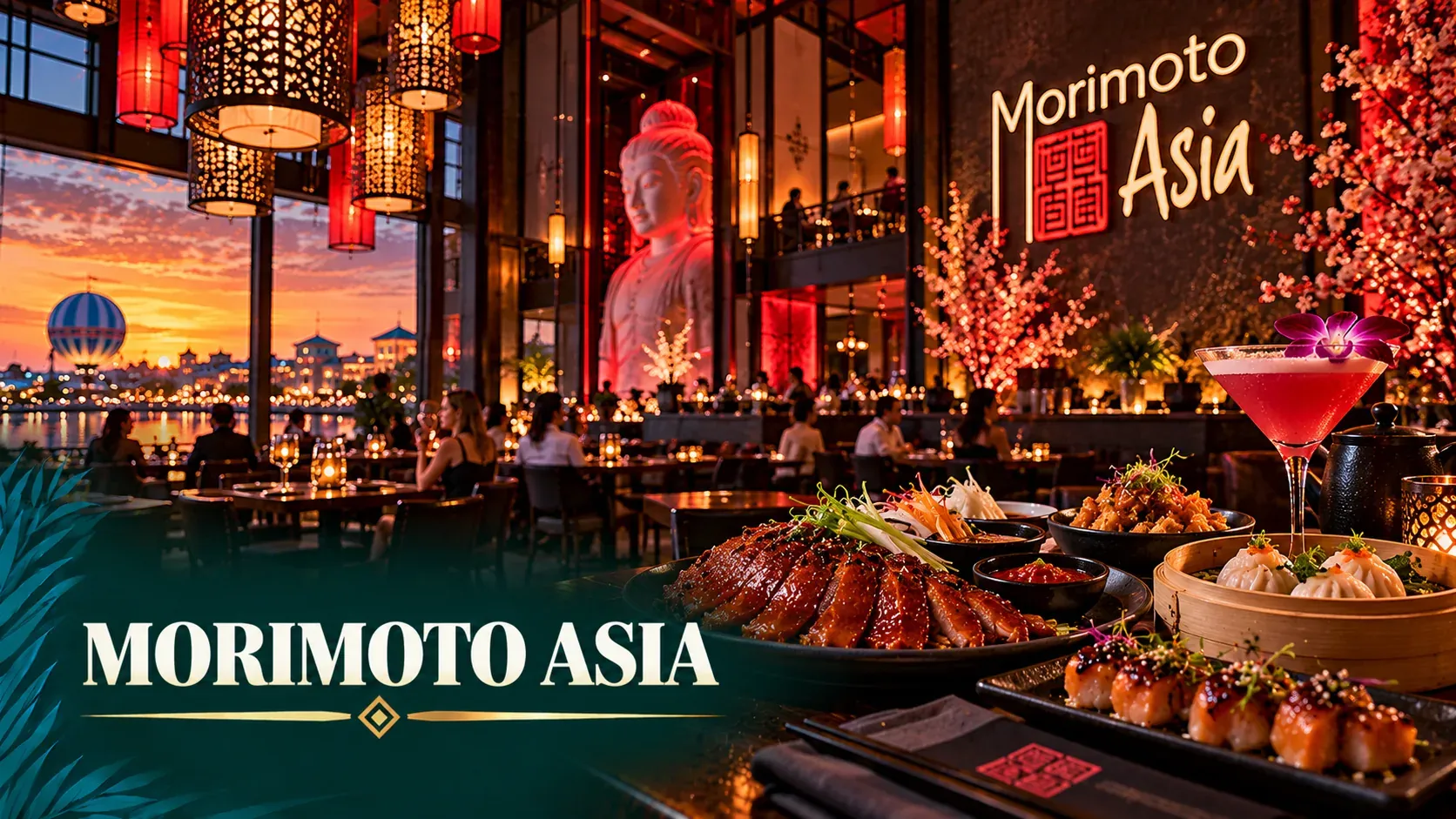 Cinematic illustration of a glamorous pan-Asian dining room with crystal chandeliers, Peking duck, dim sum and a sake cocktail.