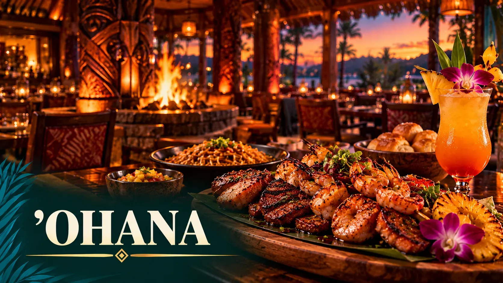 Cinematic illustration of a Polynesian family-style feast with grilled skewers, noodles and a tropical drink in warm wood-fire light.