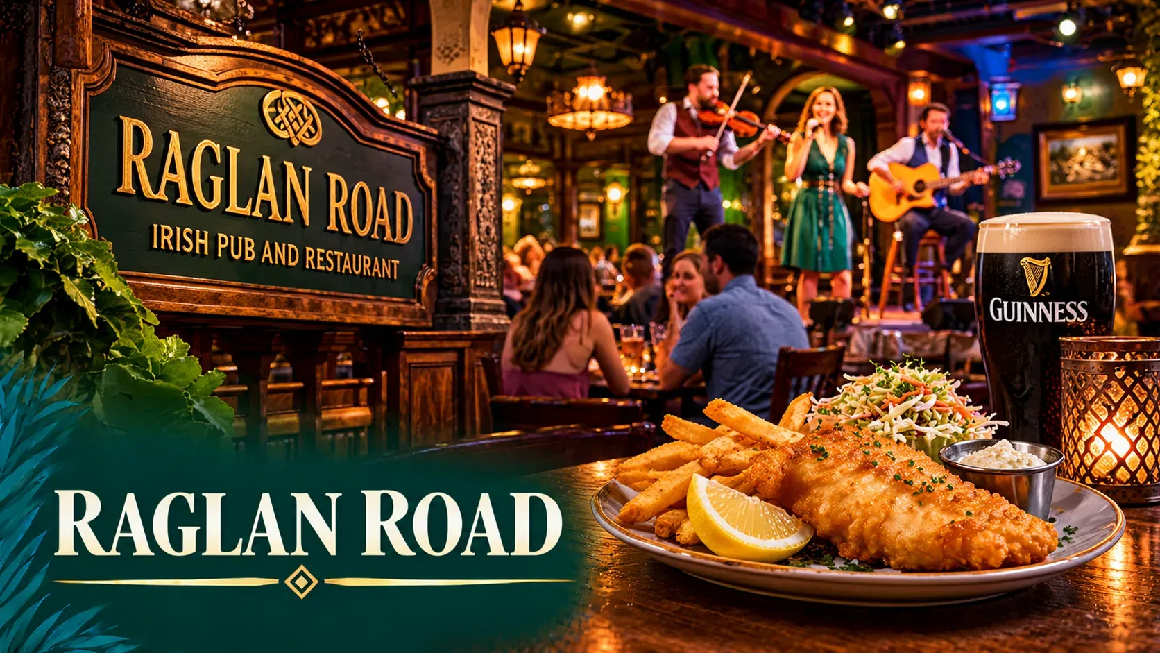 Cinematic illustration of a traditional Irish pub with a pint of stout, fish and chips and a small music stage.