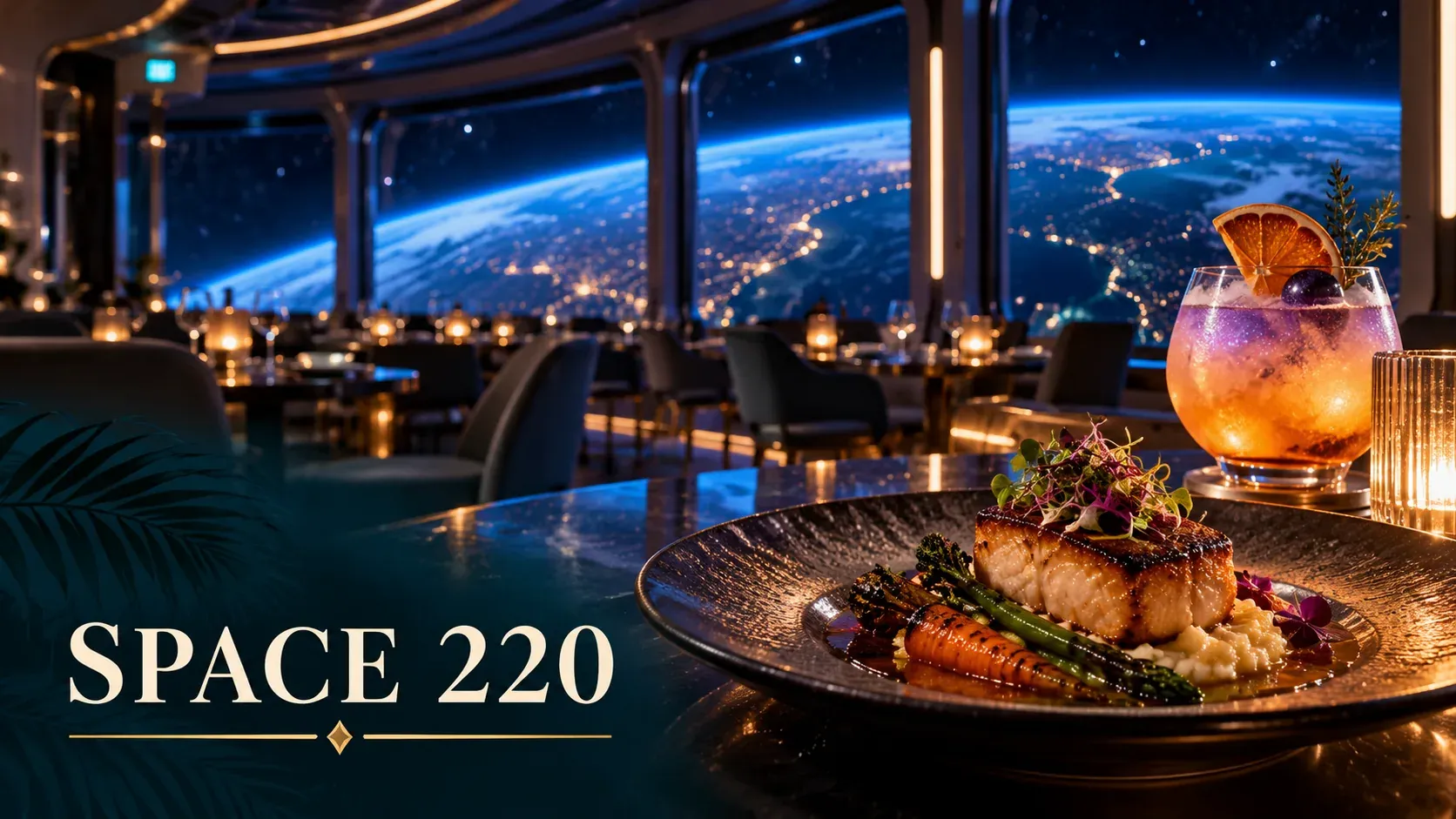 Cinematic illustration of a space-station-style restaurant with a panoramic view of Earth from orbit, a plated entrée and a glowing cocktail.