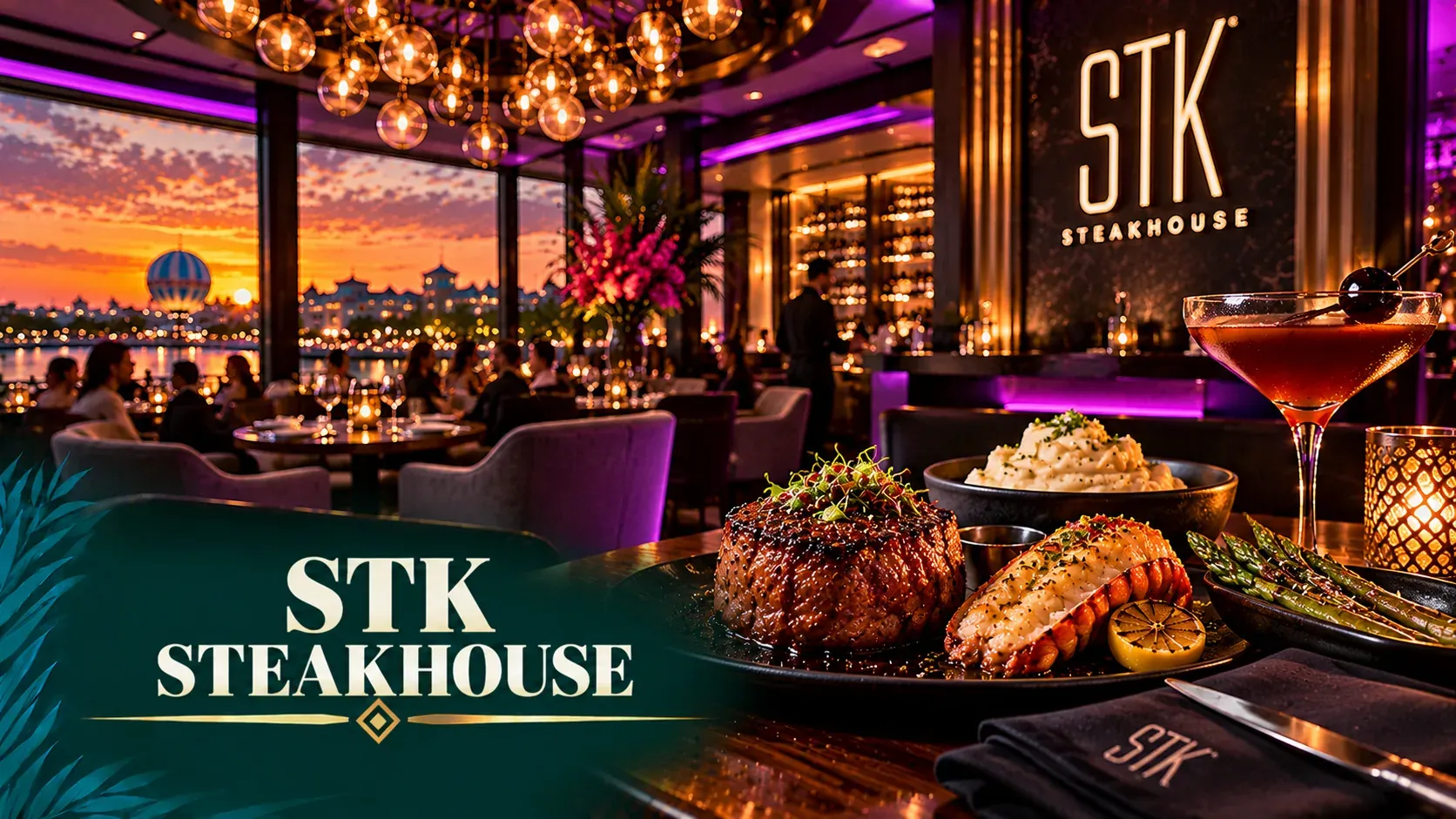 Cinematic illustration of a chic, high-energy steakhouse lounge at night with a sliced steak and a sparkling cocktail.