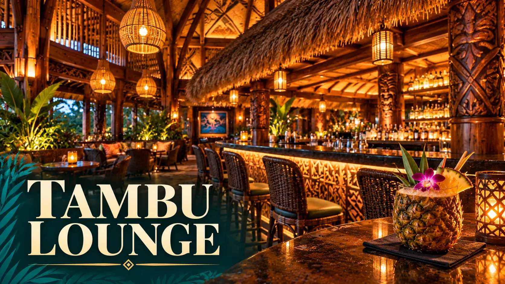 Cinematic illustration of a thatched Polynesian-style lounge with carved wood, woven seating, warm lanterns, and a pineapple tropical cocktail.