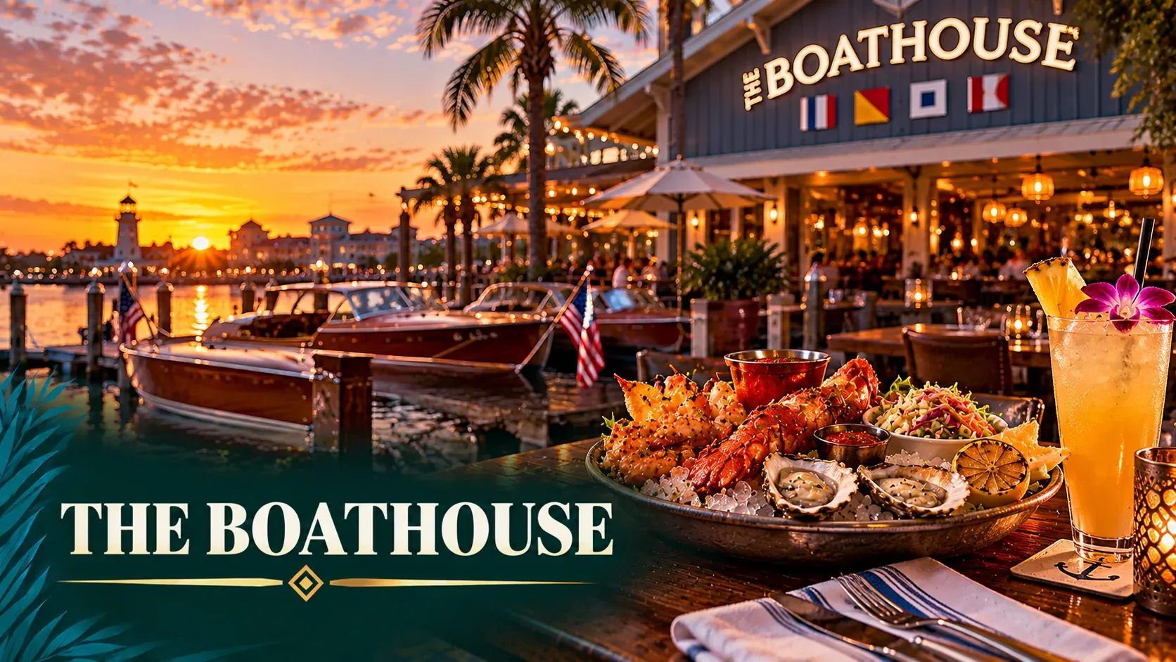 Cinematic illustration of dockside dining at sunset with steak, seafood and vintage wooden speedboats on calm water.
