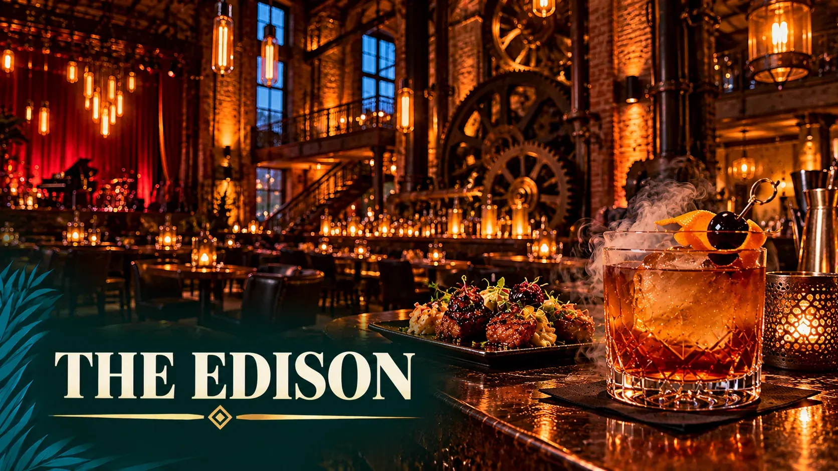 Cinematic illustration of a 1920s industrial power-plant bar with brick, iron gears, Edison bulbs and a smoked cocktail.
