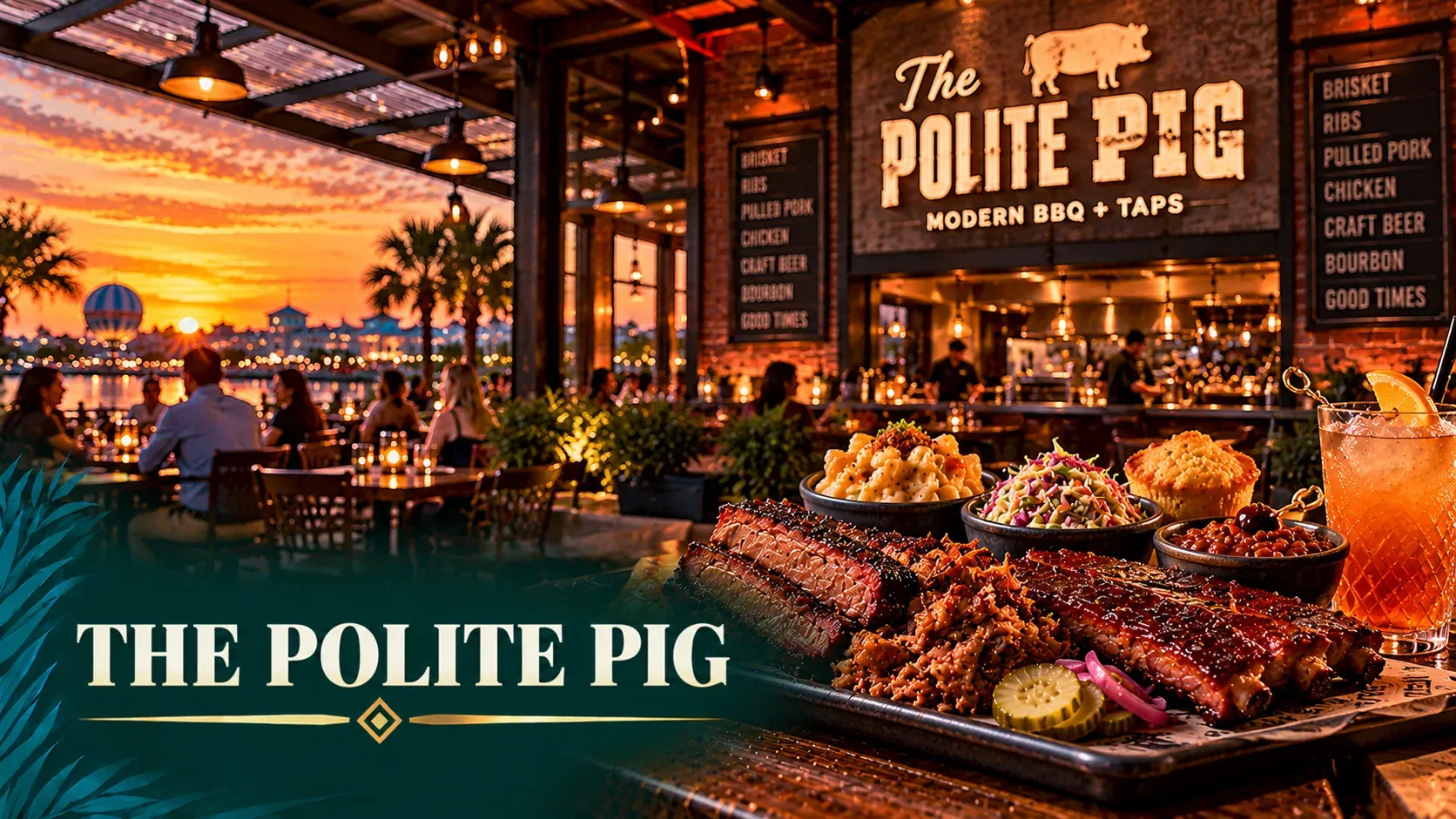 Cinematic illustration of smoked brisket, ribs and a bourbon cocktail in a casual industrial barbecue space.