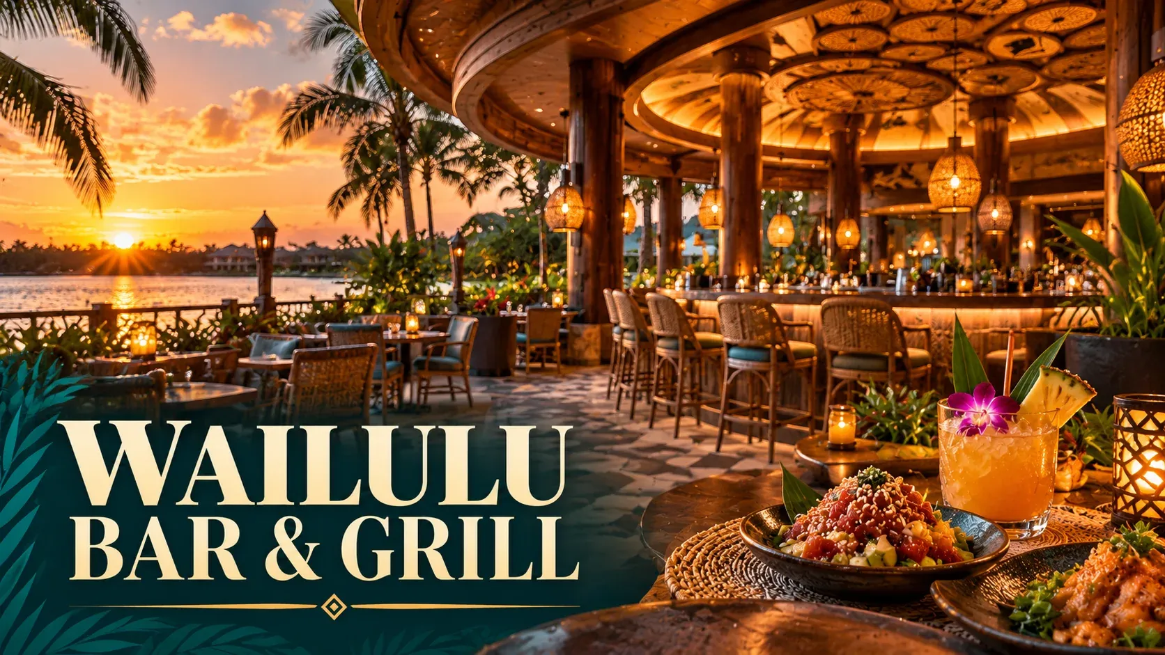 Cinematic illustration of a Polynesian-inspired open-air bar with tropical cocktails, island dining, woven furnishings, and sunset views over a lagoon.