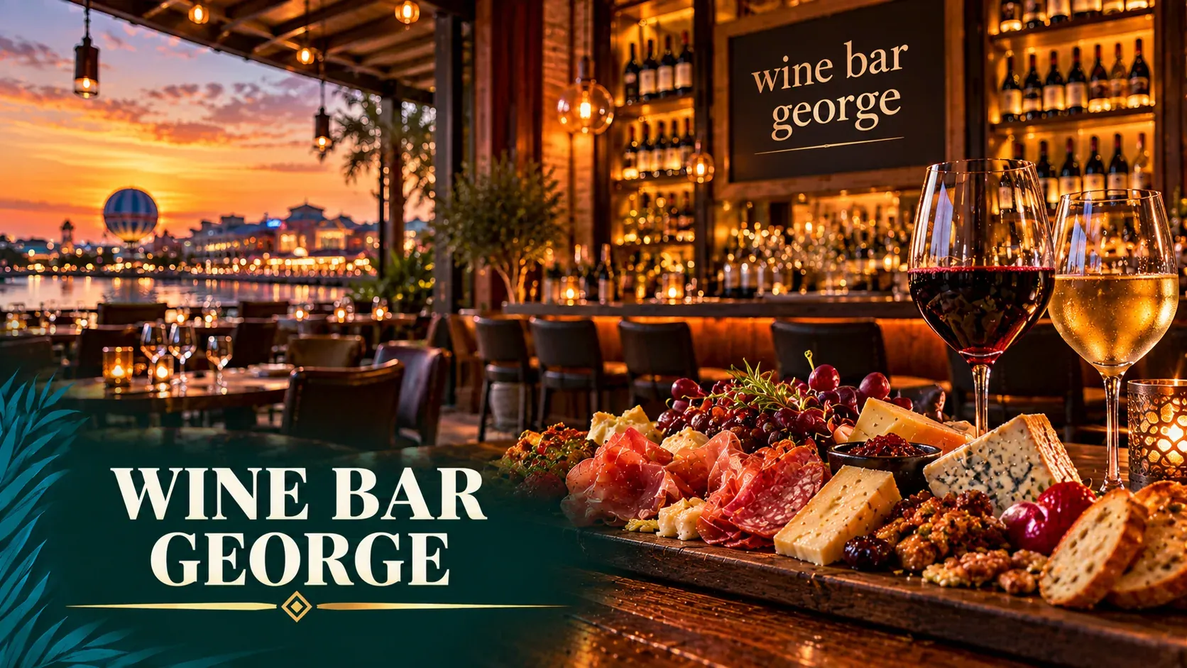 Cinematic illustration of a warm modern wine bar with glasses of wine, a charcuterie board and softly lit bottles.
