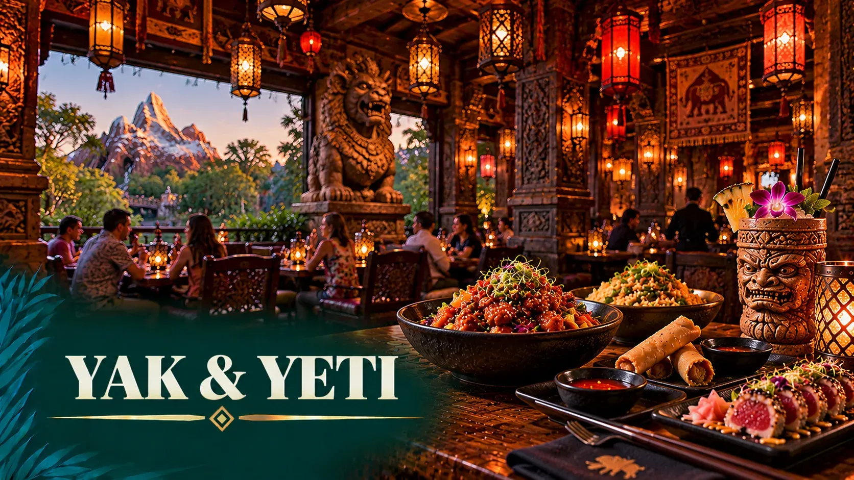 Cinematic illustration of a Himalayan-inspired restaurant with carved wood, prayer-flag accents, brass lanterns and pan-Asian dishes.