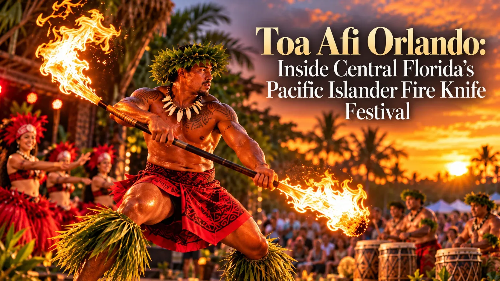 Samoan-style fire dancer in a red lavalava swinging a flaming staff at sunset, with Tahitian dancers and drummers behind him, under the title Toa Afi Orlando: Inside Central Florida's Pacific Islander Fire Knife Festival