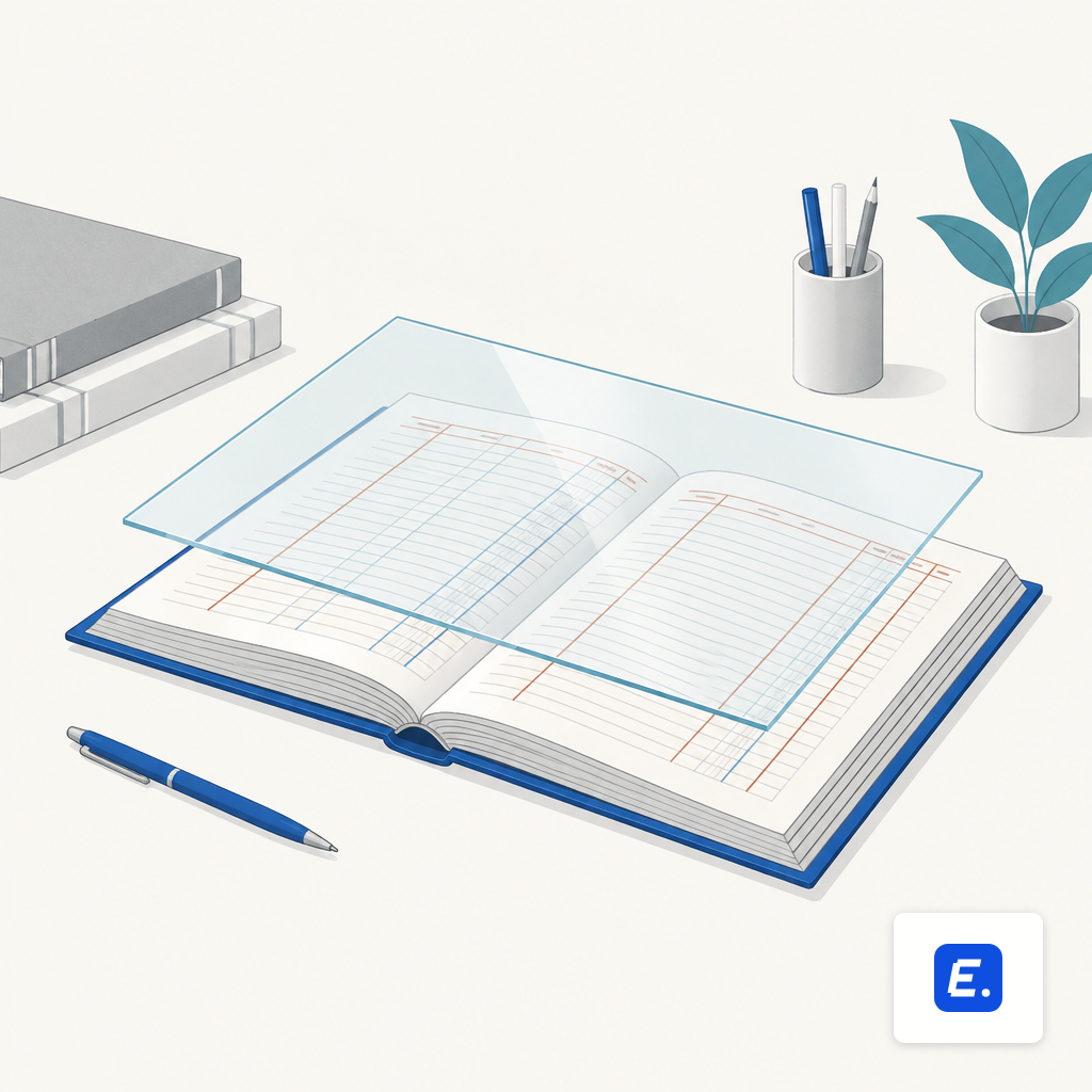 An open ledger book with a transparent glass panel laid over the page, suggesting a protected write-path