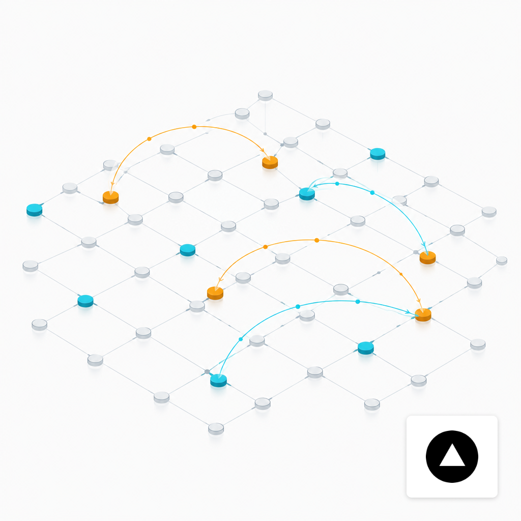 Abstract rendering of qubit connectivity showing routing paths between non-adjacent nodes on a lattice.